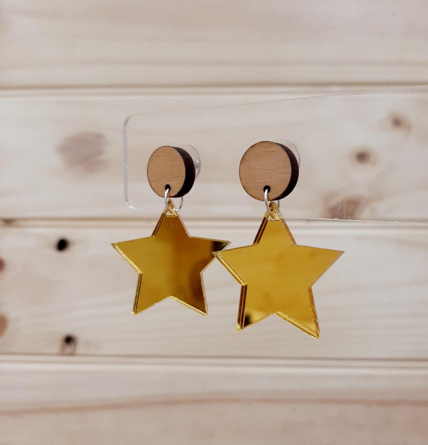 Christmas Acrylic Assorted Stud Drop Wooden Earring (35mm) (Gold Star)