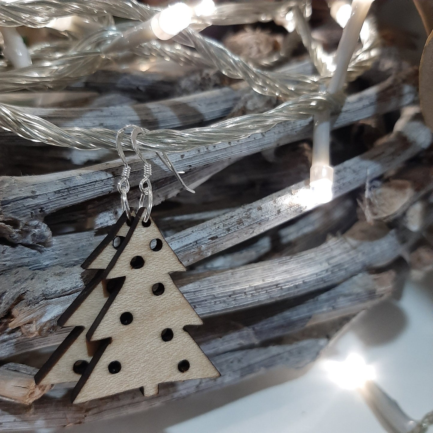 Christmas Tree (35mm) Sterling Silver Wooden Earring