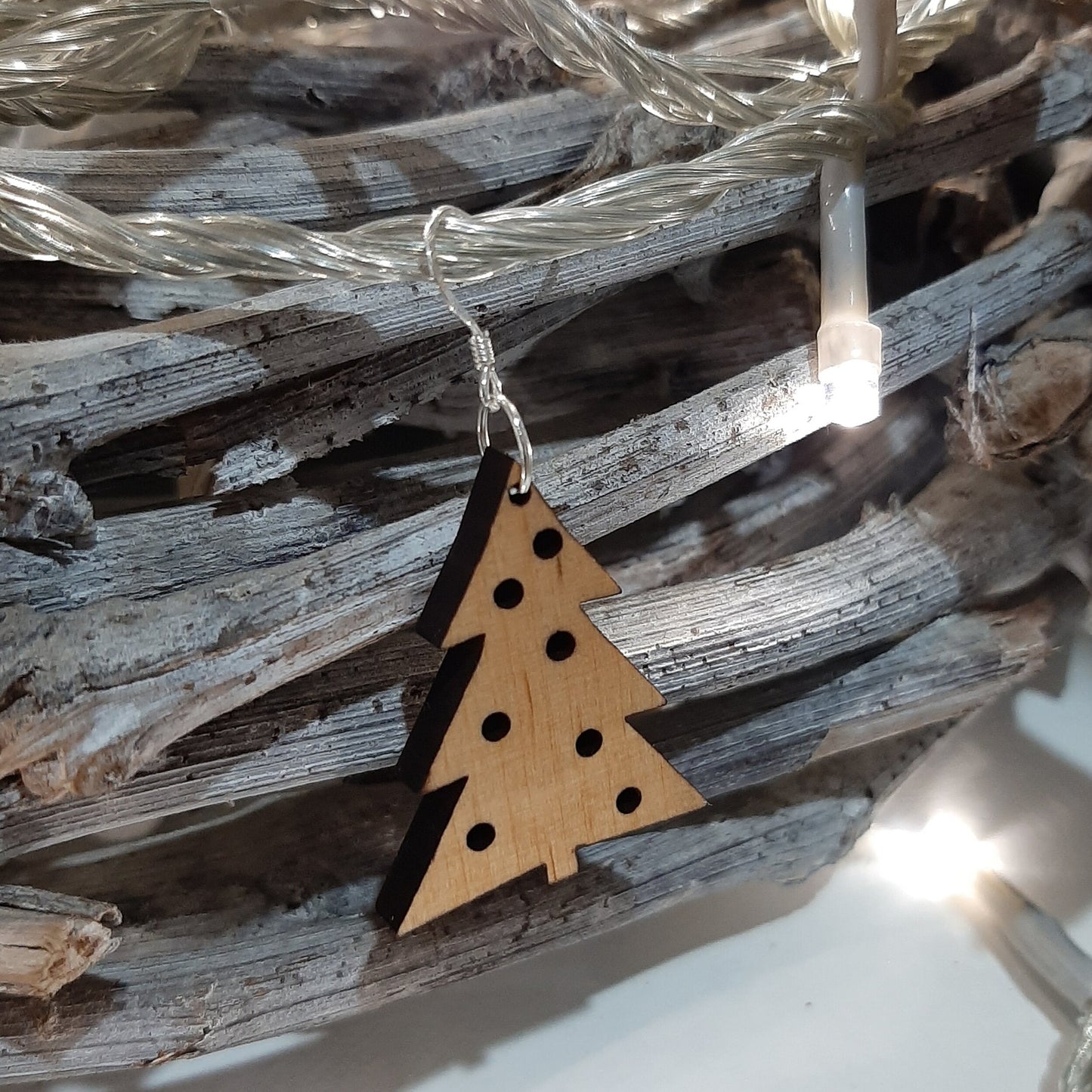Christmas Tree (35mm) Sterling Silver Wooden Earring