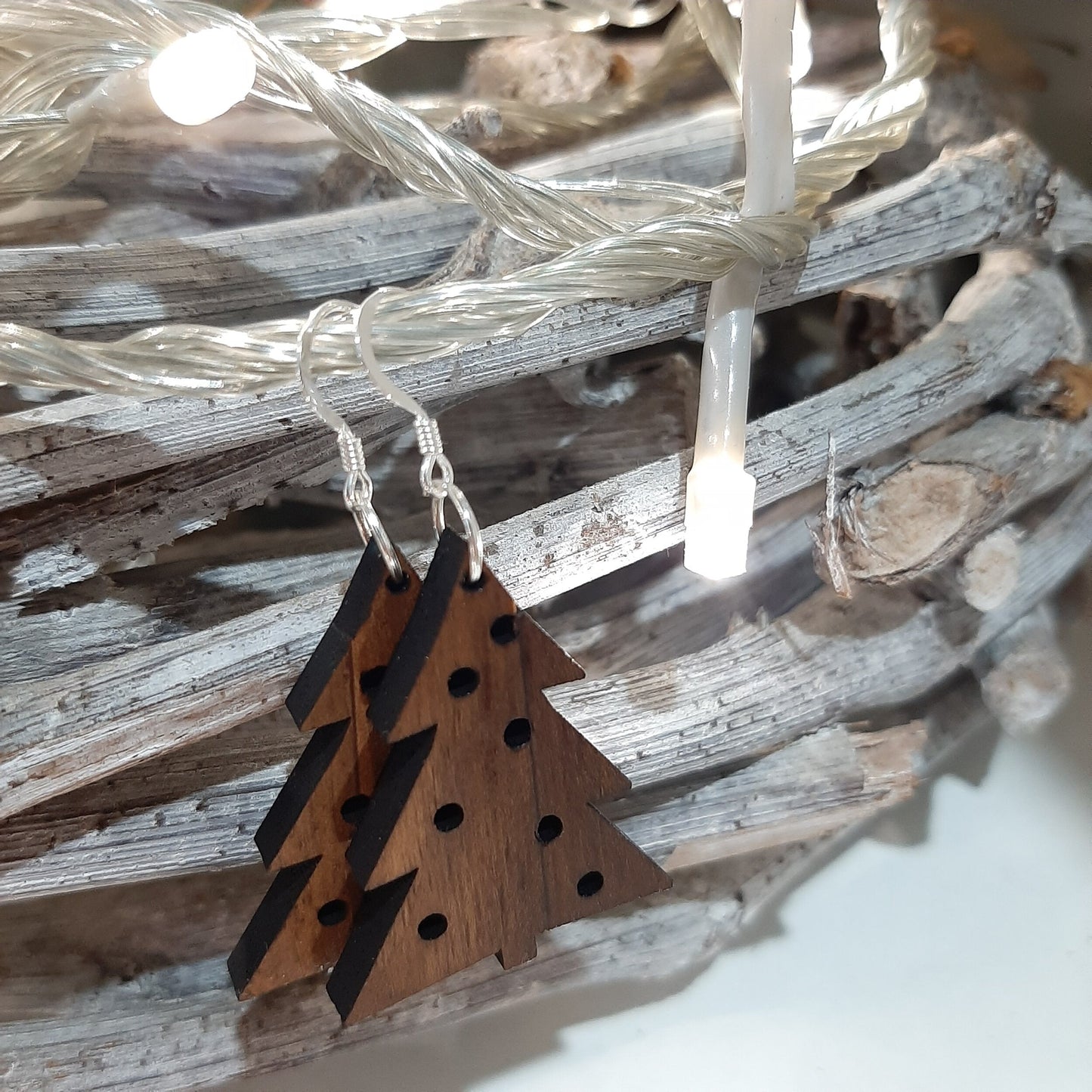 Christmas Tree (35mm) Sterling Silver Wooden Earring