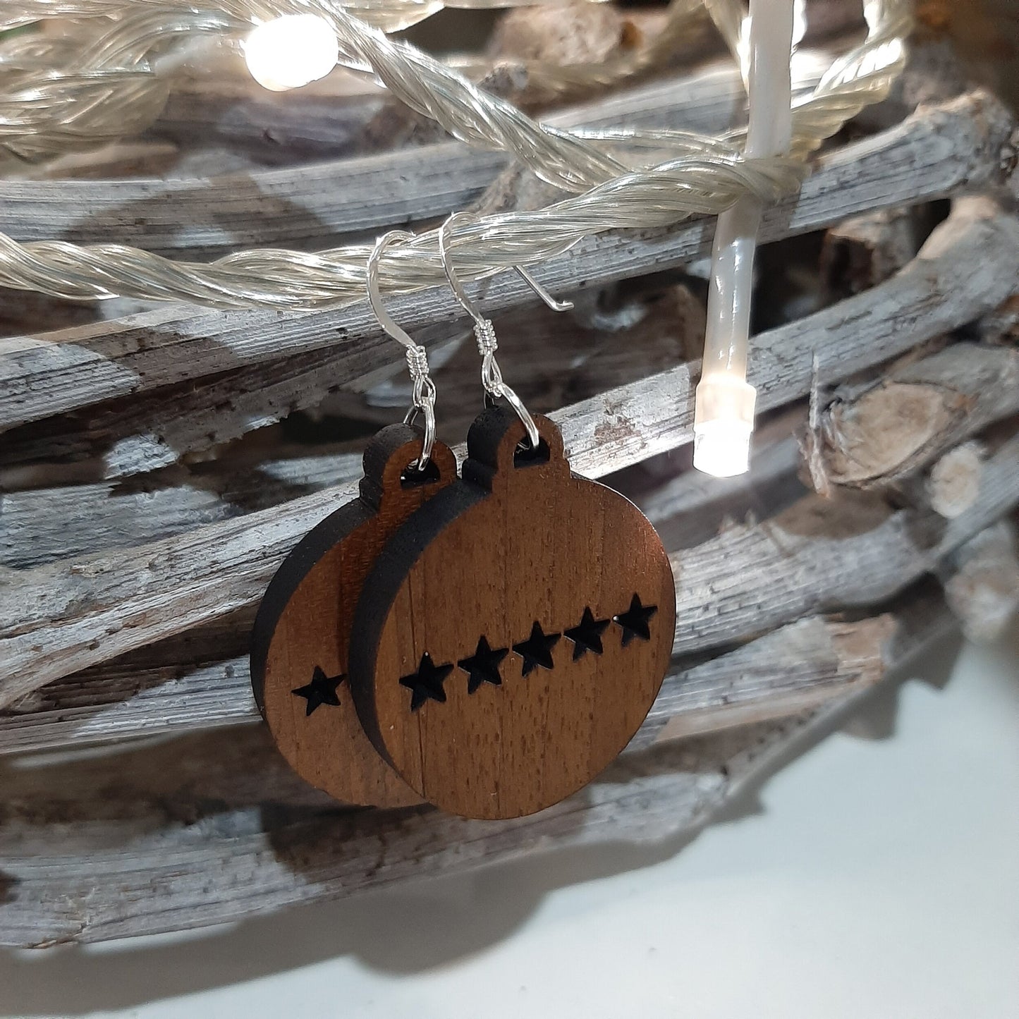Festive Star Bauble / Ornament (30mm) Sterling Silver Wooden Earring