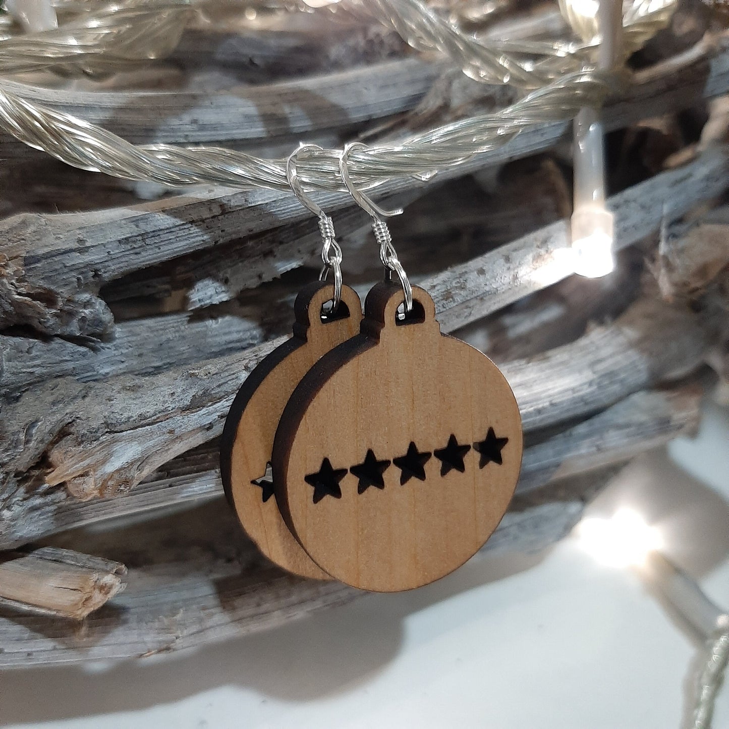Festive Star Bauble / Ornament (30mm) Sterling Silver Wooden Earring