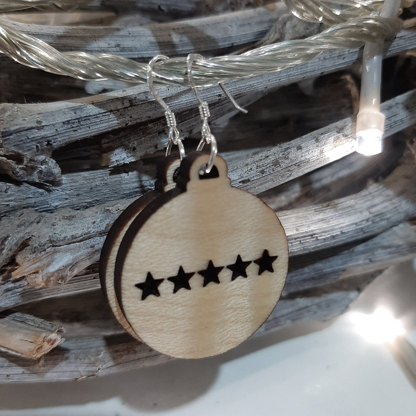 Festive Star Bauble / Ornament (30mm) Sterling Silver Wooden Earring