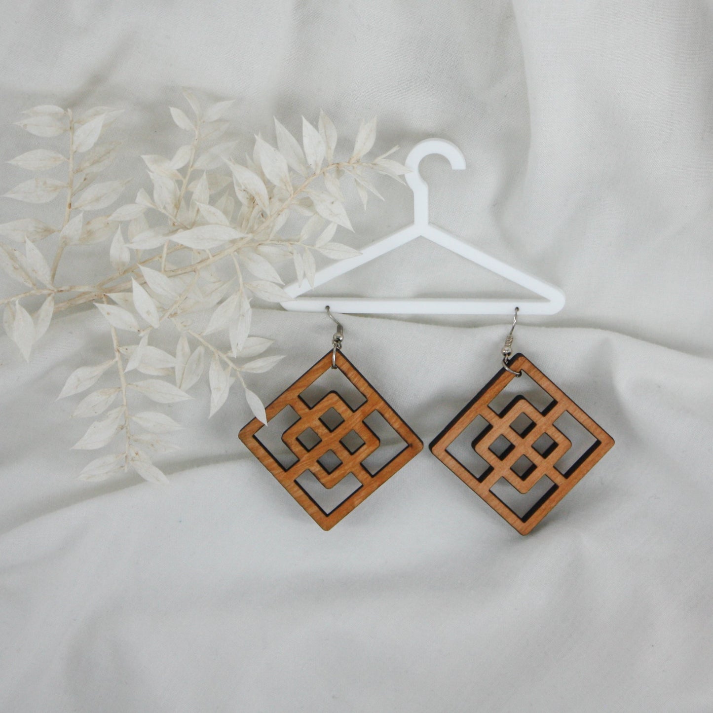 Geometric Pattern Square Wood Earring (Large 50mm)
