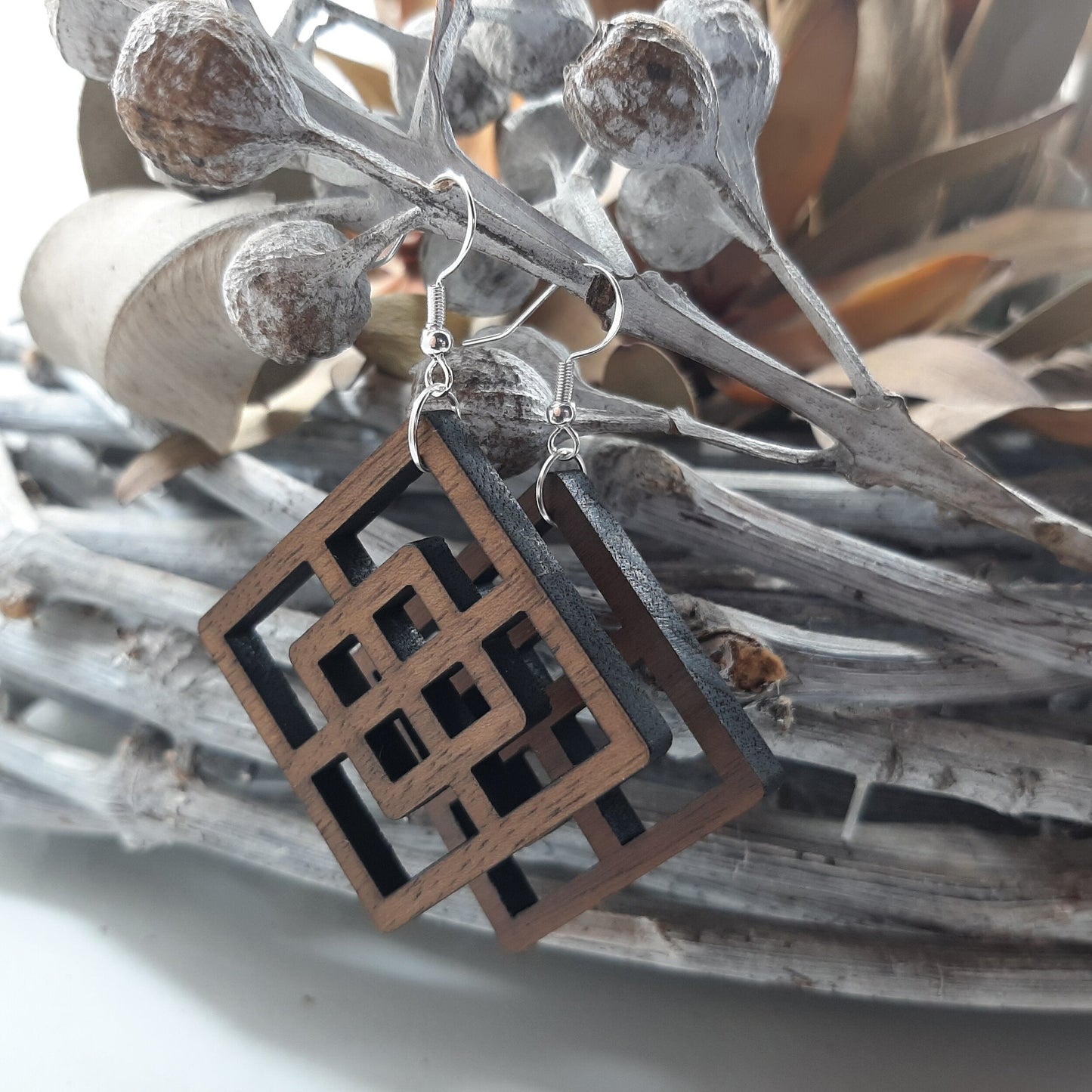 Geometric Pattern Square Wood Earring (Large 50mm)