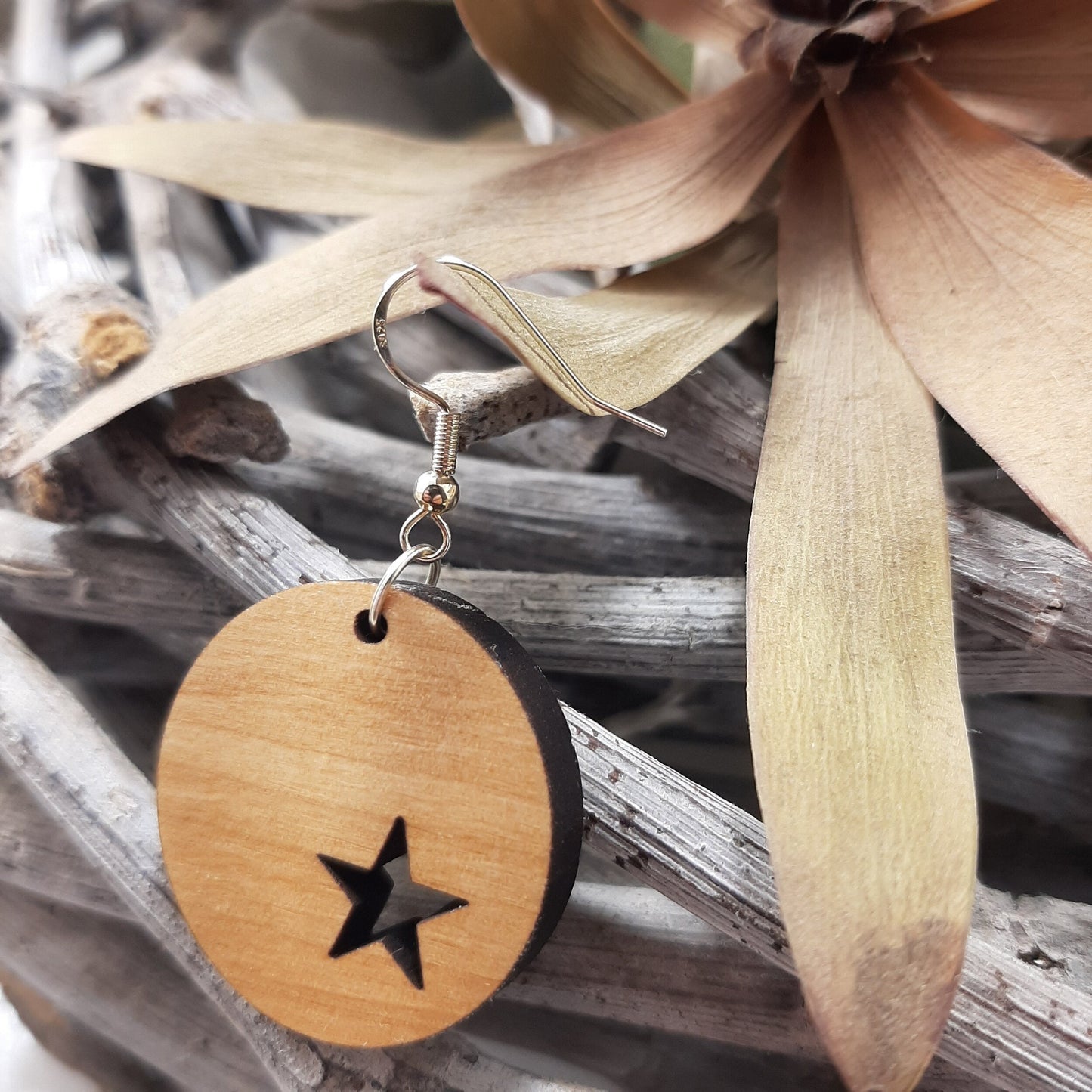 Star Offset Circle Wood Earring