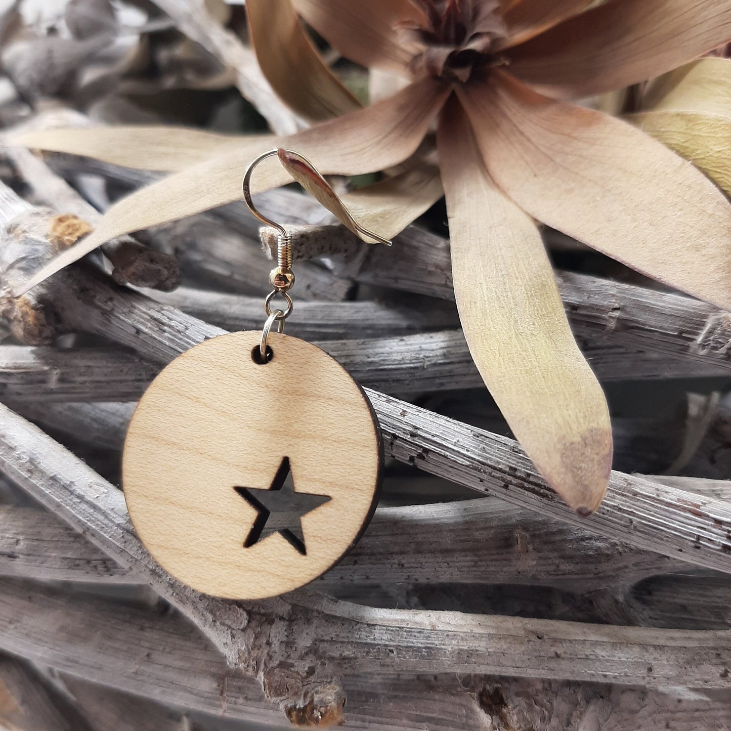 Star Offset Circle Wood Earring