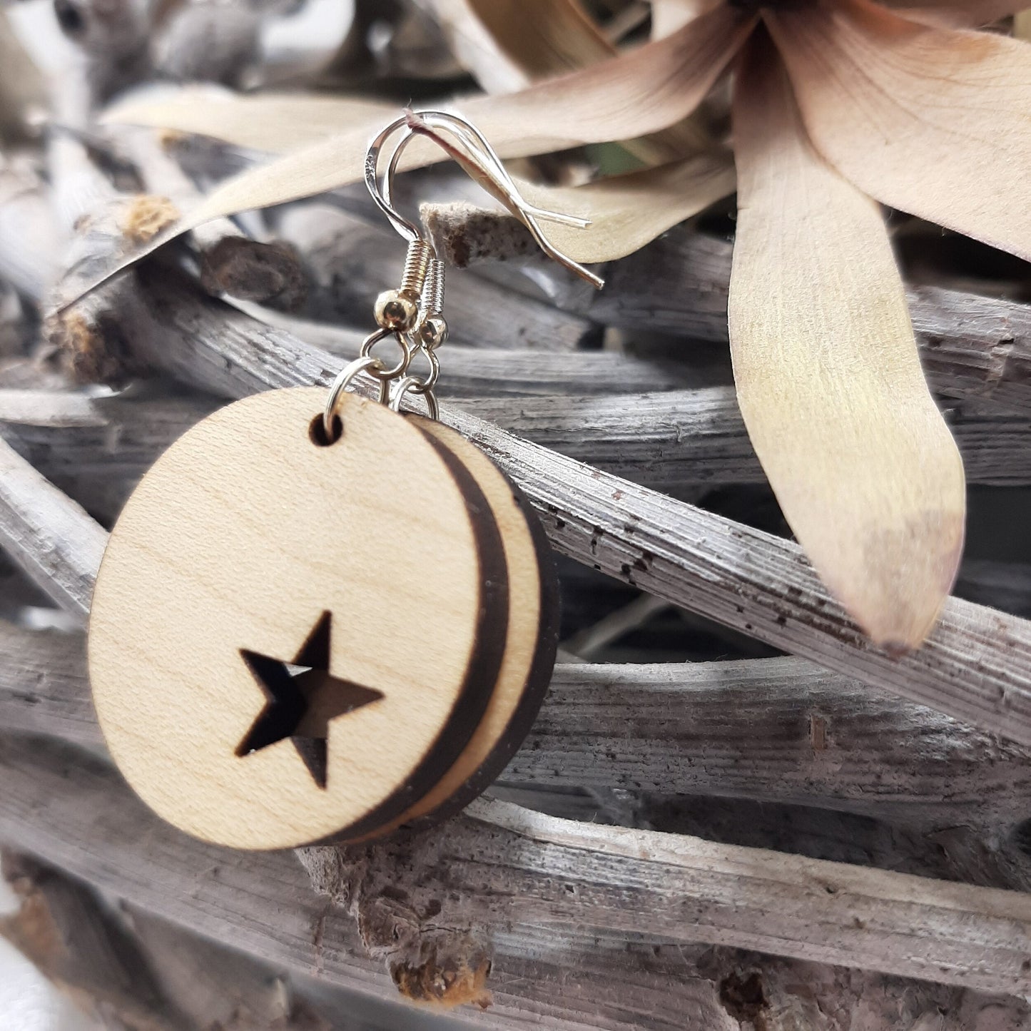 Star Offset Circle Wood Earring