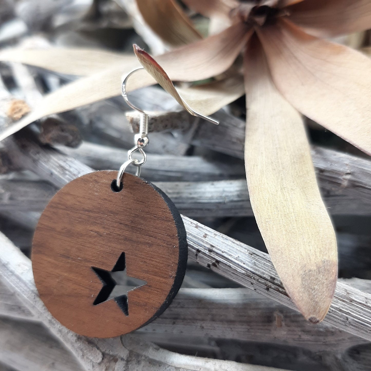 Star Offset Circle Wood Earring