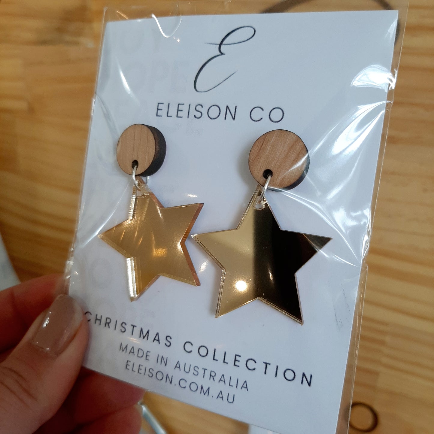 Christmas Acrylic Assorted Stud Drop Wooden Earring (35mm) (Gold Star)