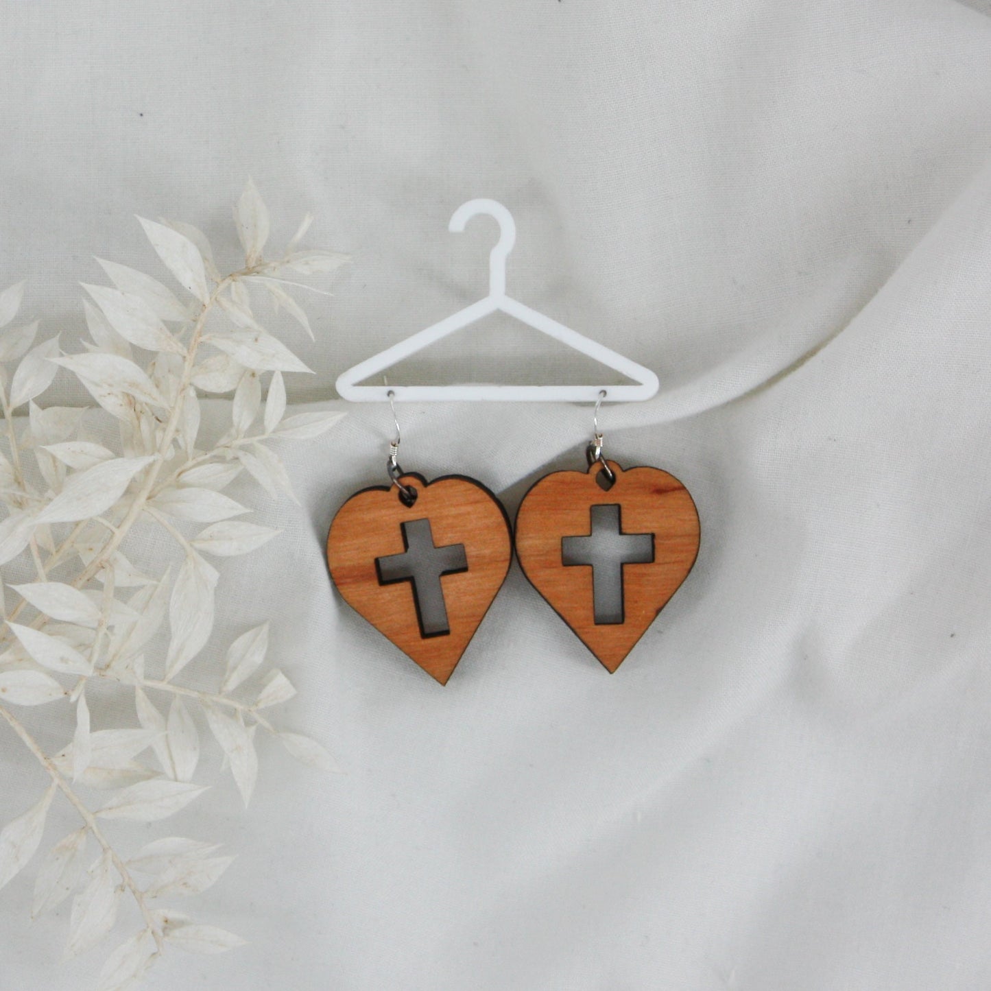 Heart Cross Wooden Hanging Earring