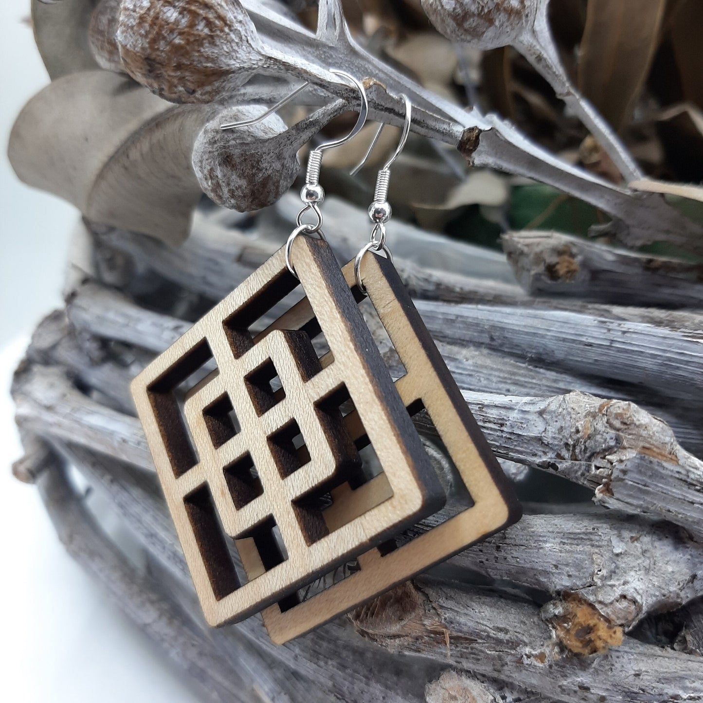 Geometric Pattern Square Wood Earring (Large 50mm)