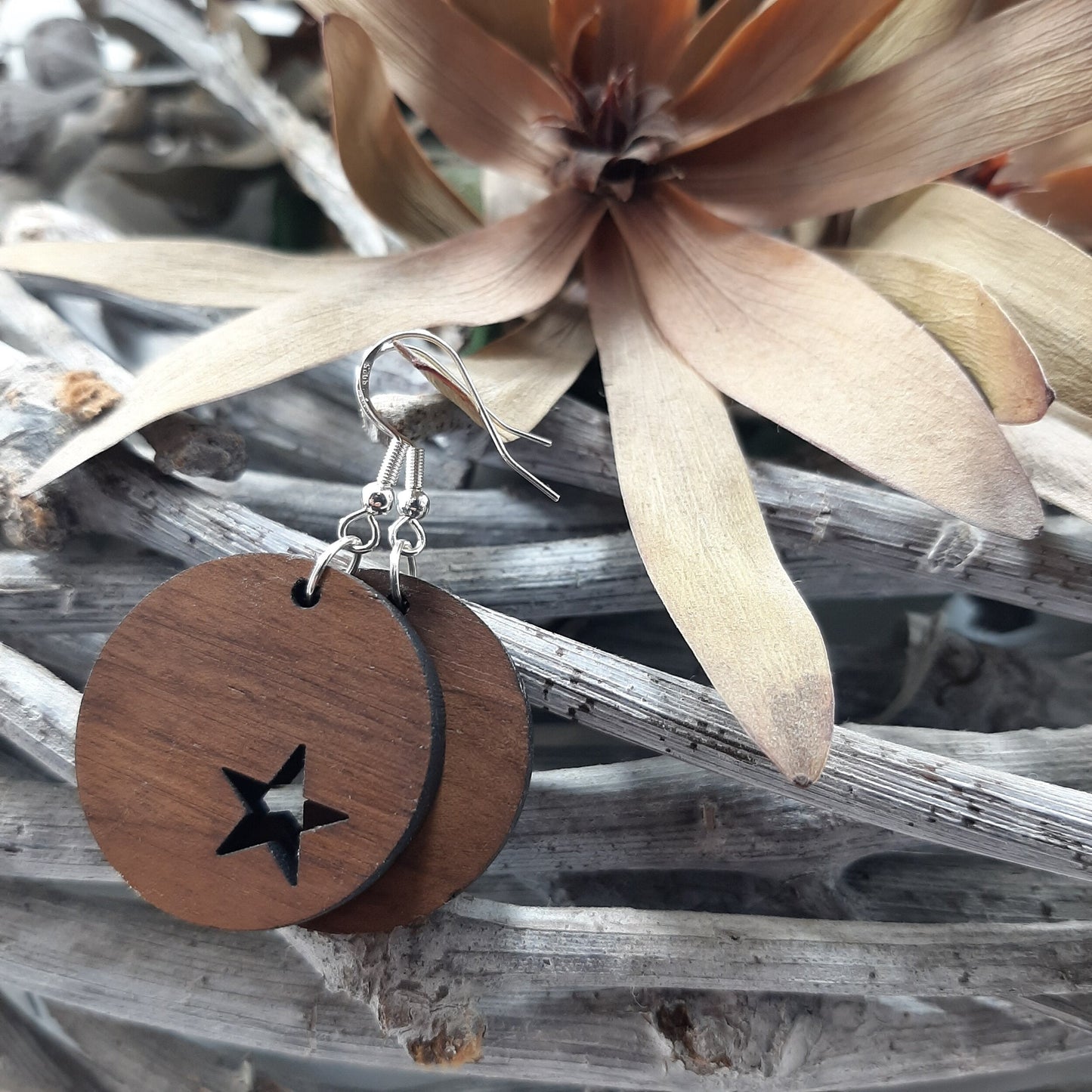 Star Offset Circle Wood Earring