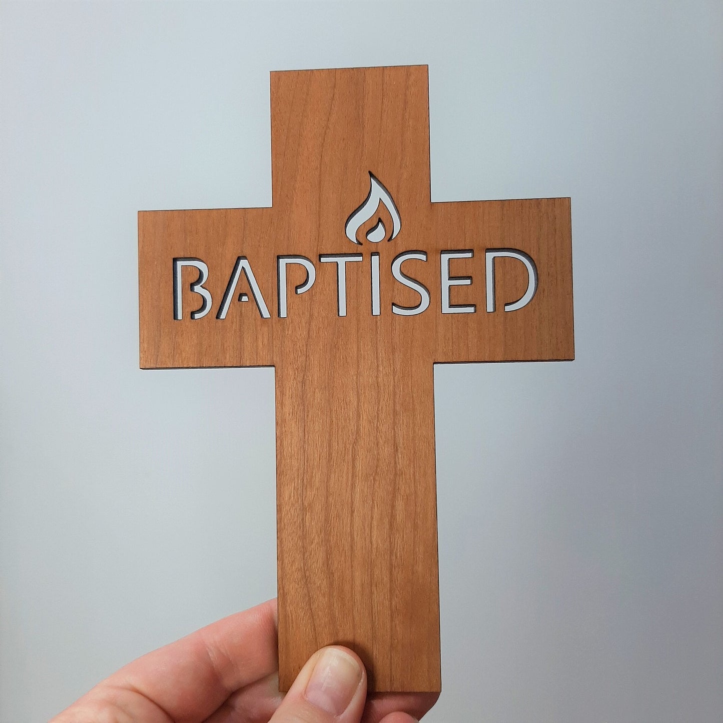 Wooden Baptised Cross (I Flame)