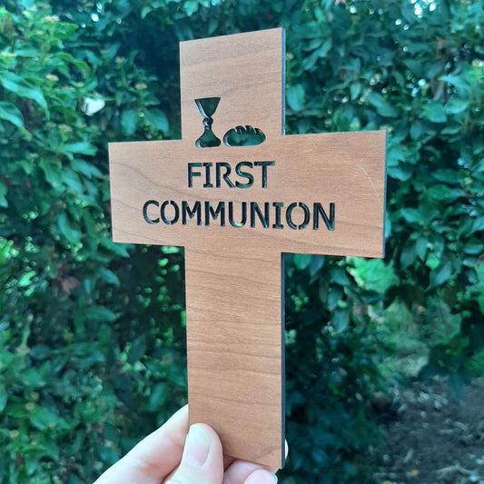 Wooden First Communion Cross (Wine + Loaf)